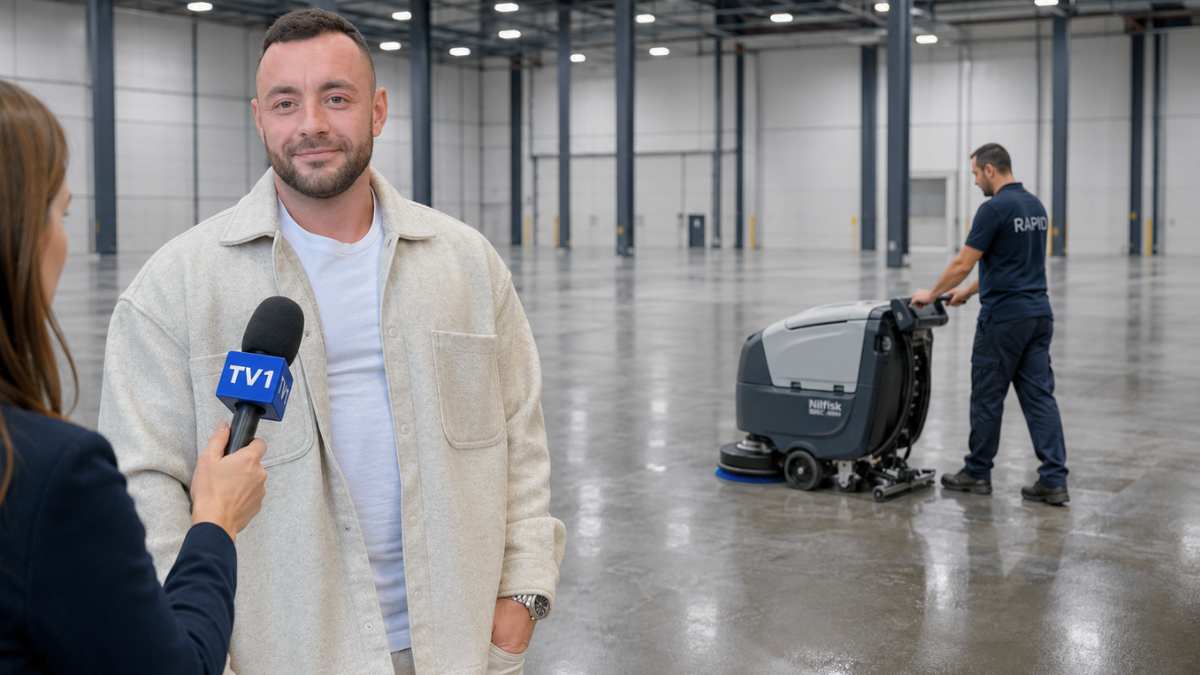 TV1 riport a Rapid Takarításról egy ipari csarnokban Budapesten professzionális ipari takarítás közben