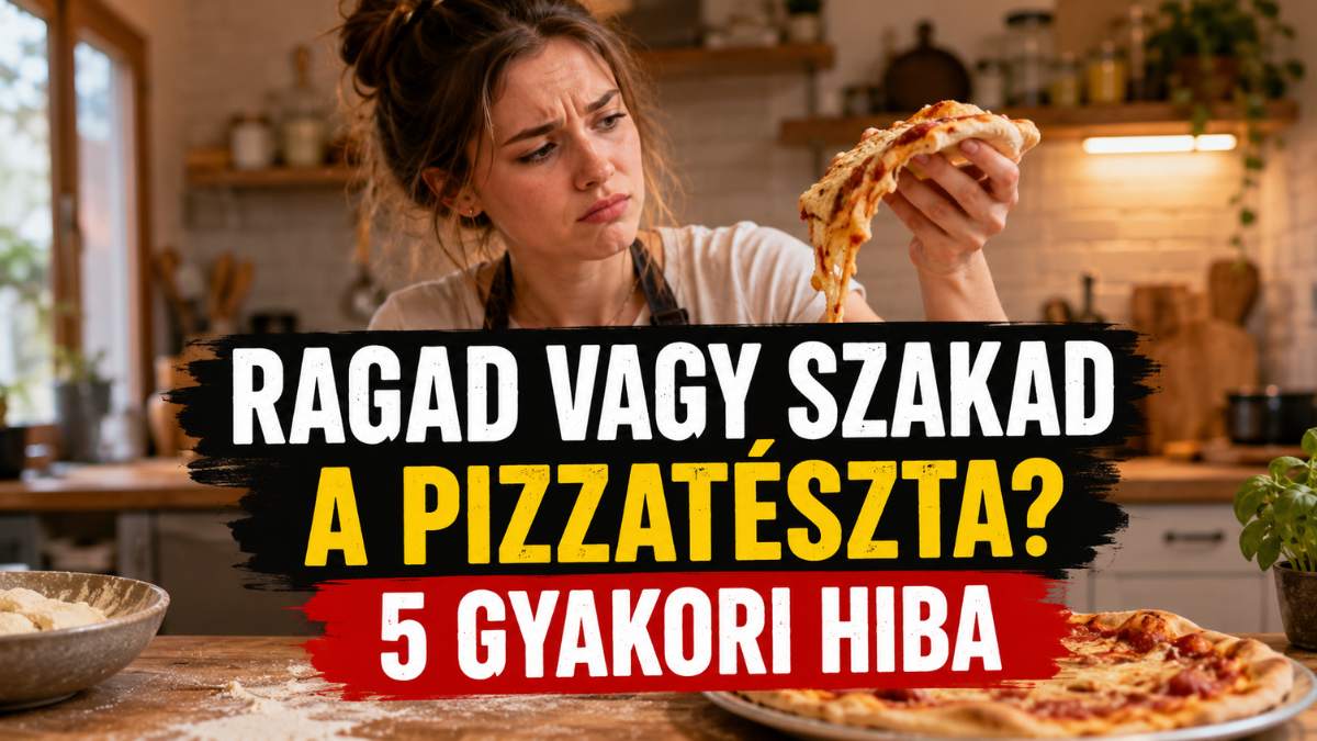 Fiatal nő csalódottan néz a ragadós pizzaszeletre, mert a pizzatészta nem úgy sikerült, ahogy várta.